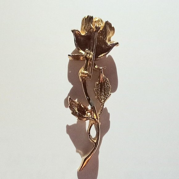 Vintage Elegant Flower Gold-tone Brooch Pin Rose Long Stemmed #1 - Picture 3 of 3